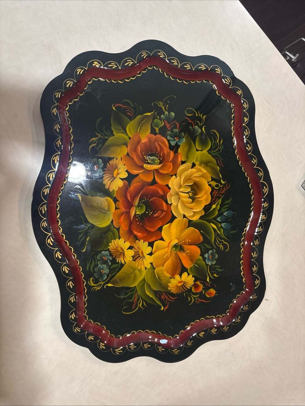 Vintage Russian Zhostovo Style Hand-Painted Floral Metal Serving Tray with Scall